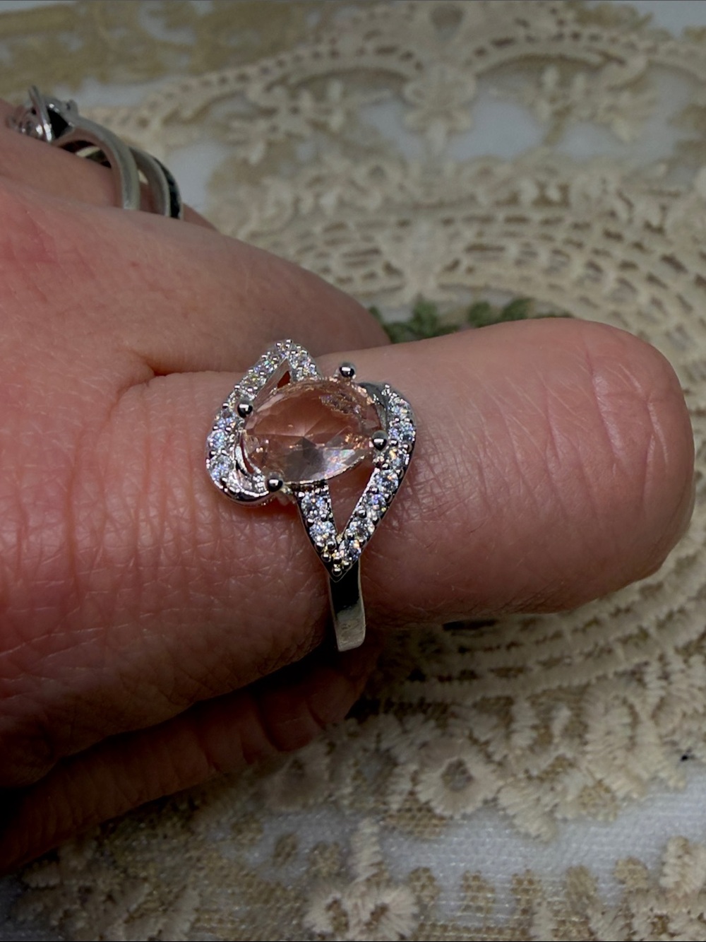 925 Sterling Silver Natural Champagne Peach Morganite Romantic Statement Ring